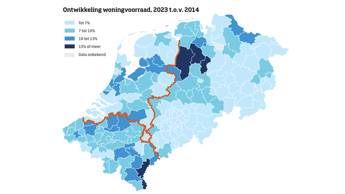 Groei woningvoorraad in Nederlandse grensregio's blijft achter bij landelijk gemiddelde