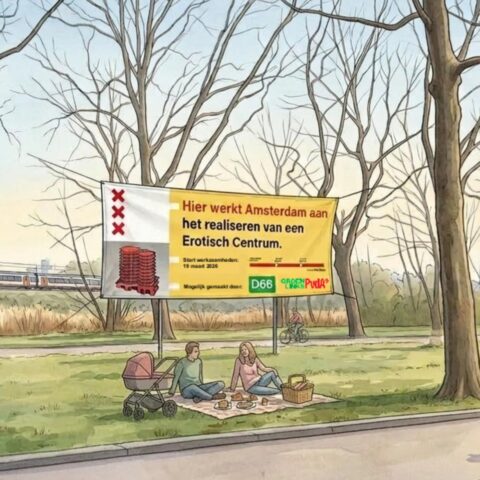 Prank met verkiezingsbanner claimt start bouw van Amsterdam's Erotic Center op donderdag