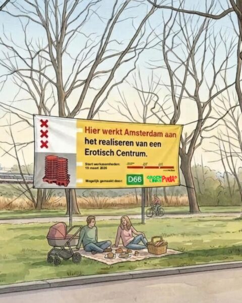 Prank met verkiezingsbanner claimt start bouw van Amsterdam's Erotic Center op donderdag