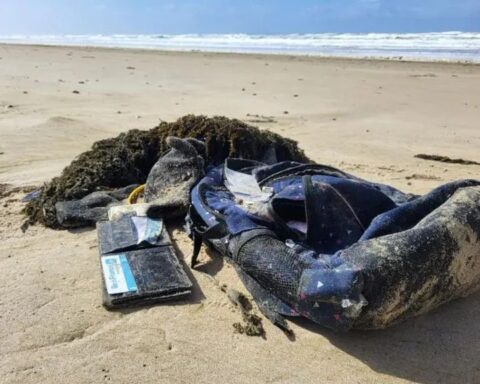 Rugtassen aangespoeld op strand van Camperduin, vermoedelijk van migranten op oversteek
