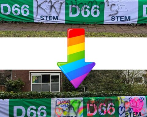 Zwastika's en anti-LGBTQIA+ teksten op verkiezingsborden in tuinen van Baarnse politici