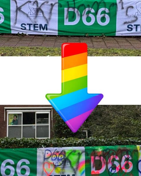 Zwastika's en anti-LGBTQIA+ teksten op verkiezingsborden in tuinen van Baarnse politici