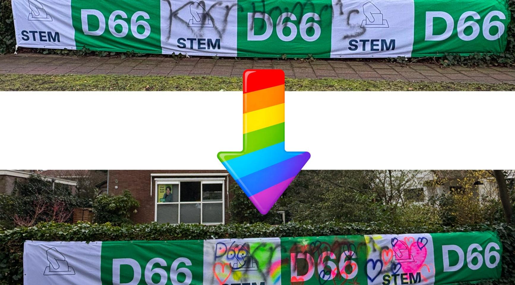 Zwastika's en anti-LGBTQIA+ teksten op verkiezingsborden in tuinen van Baarnse politici