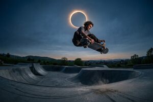 Spaanse skateboarder Danny León brengt truc tijdens zonsverduistering naar tientallen miljoenen kijkers