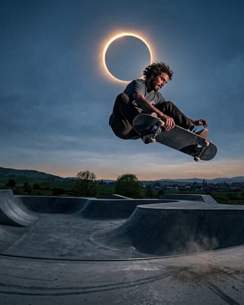 Spaanse skateboarder Danny León brengt truc tijdens zonsverduistering naar tientallen miljoenen kijkers