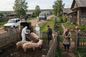 Autoriteiten in oblast Tjoemen laten varkens ruimen na uitbraak van infectieziekte
