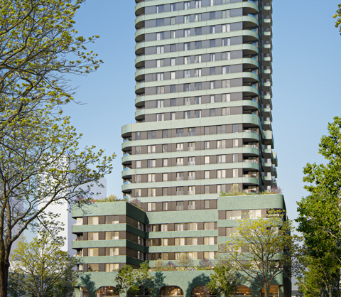 340 woningen in 104 meter hoge woontoren Skymark in de Binckhorst, Den Haag