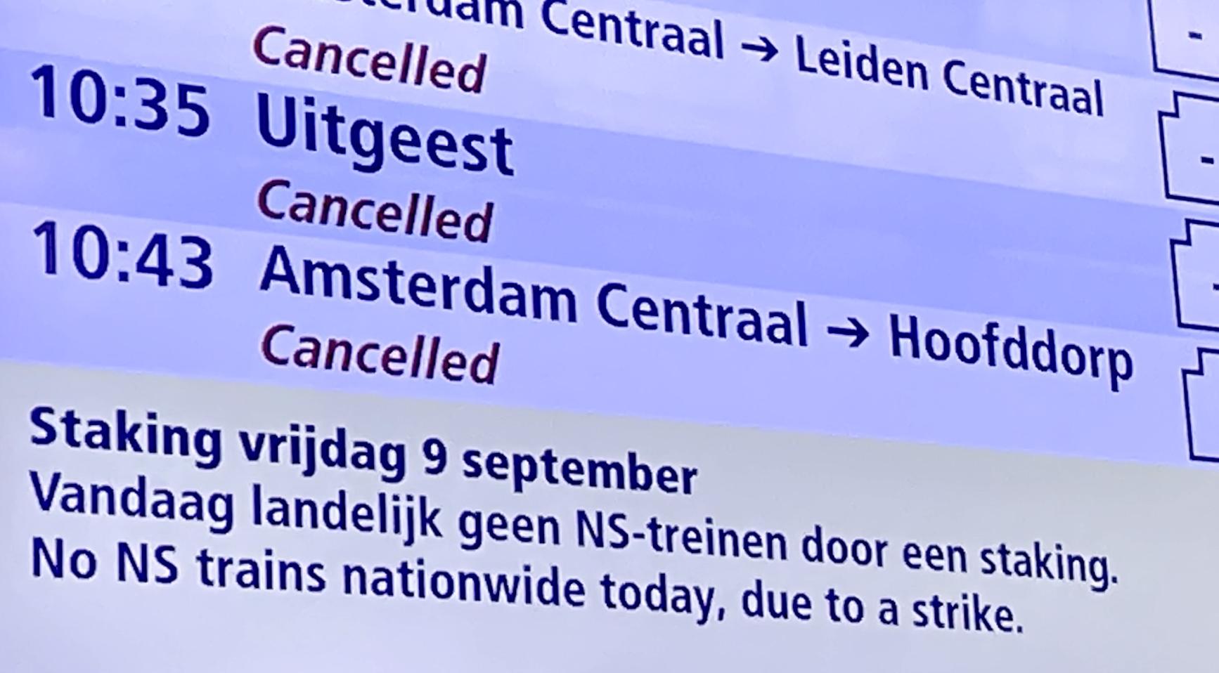 Alle nationale en internationale treinen afgelast op 9 september behalve Amsterdam-Schiphol
