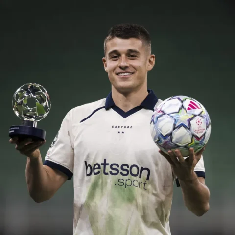Nicolò Tresoldi houdt een trofee vast en een Champions League-bal.