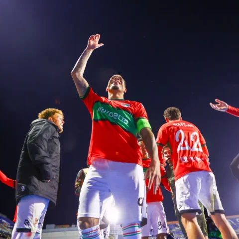 NEC-spelers en staf juichen op het veld na een wedstrijd.