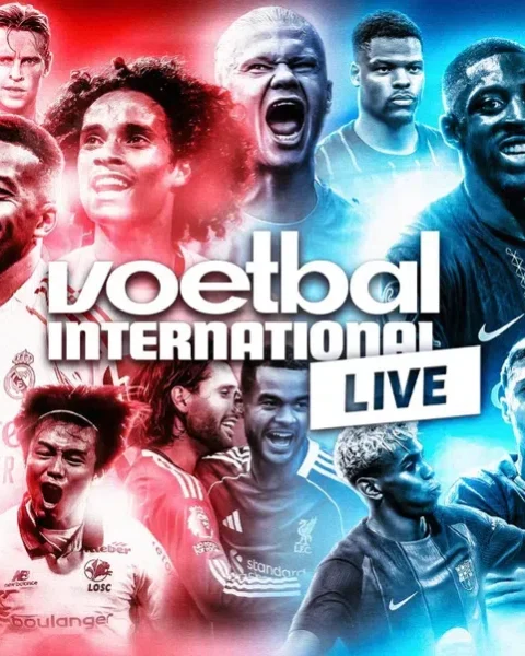 Promotionele voetbalcollage met meerdere voetballers tegen een rood-blauwe achtergrond en de tekst 'voetbal internationaal LIVE'.