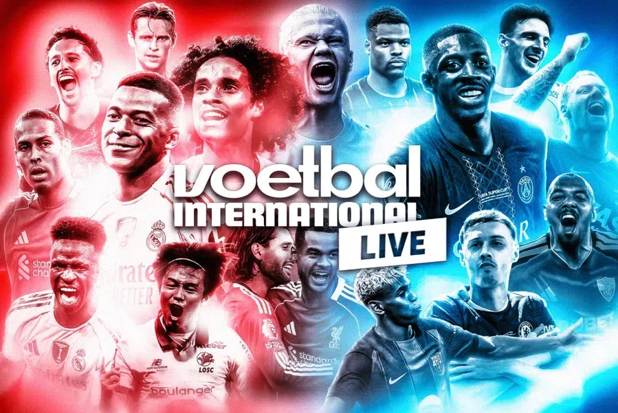 Promotionele voetbalcollage met meerdere voetballers tegen een rood-blauwe achtergrond en de tekst 'voetbal internationaal LIVE'.