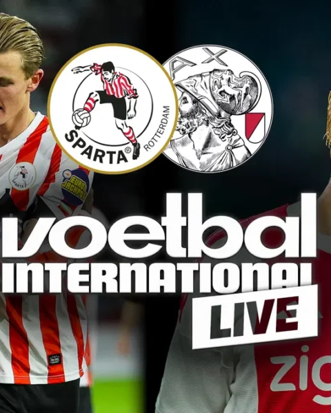 Sparta Rotterdam-spelers en een Ajax-speler in een voetbalgraphic voor de wedstrijd.