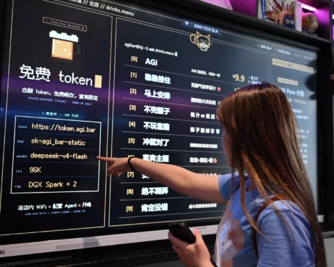 Een vrouw wijst naar een groot digitaal scherm met een menu over AI-modellen in een bar.