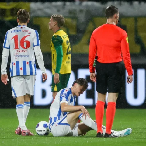 SC Heerenveen-spelers en een scheidsrechter op het veld tijdens een wedstrijd.