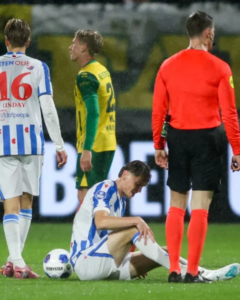 SC Heerenveen-spelers en een scheidsrechter op het veld tijdens een wedstrijd.