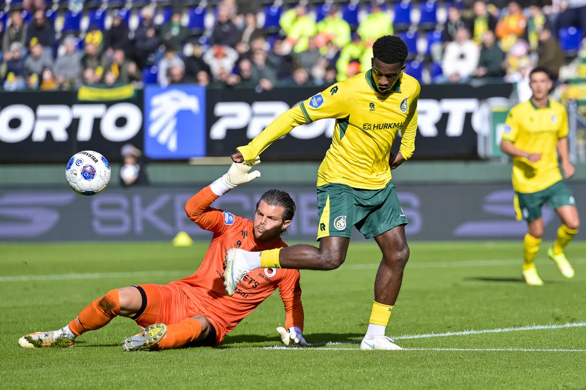 Speler in geel-groen en doelman in oranje tijdens een voetbalduel in het strafschopgebied.
