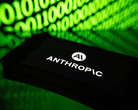 Anthropic-logo op een zwart oppervlak met groene, onscherpe cijfers op de achtergrond.