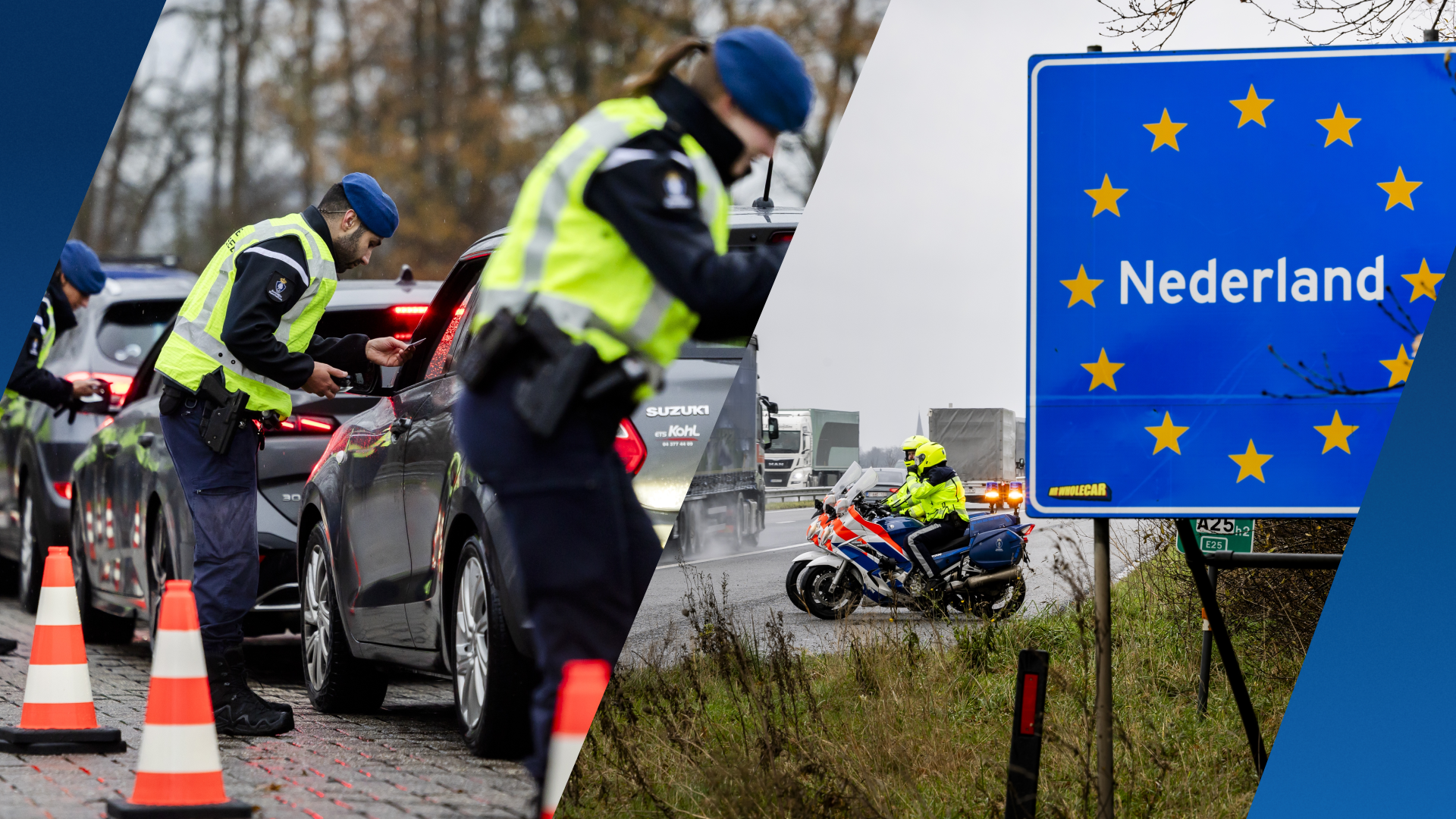 Nederlandse politie controleert voertuigen bij een grenscontrole, naast een bord met ‘Nederland’.