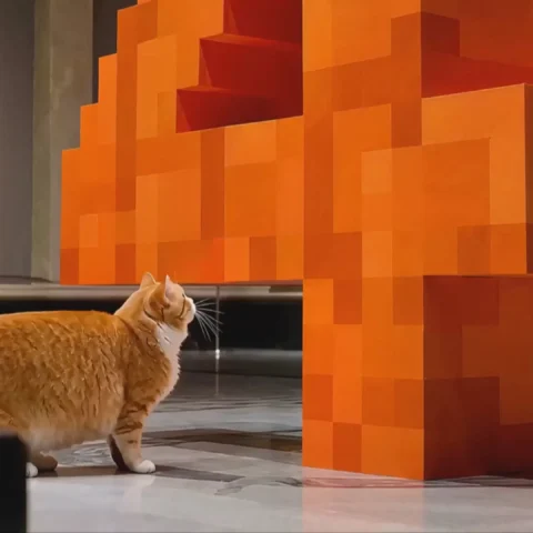Een dikke oranje-witte kat staat naast een grote oranje pixelachtige sculptuur in een museumzaal.