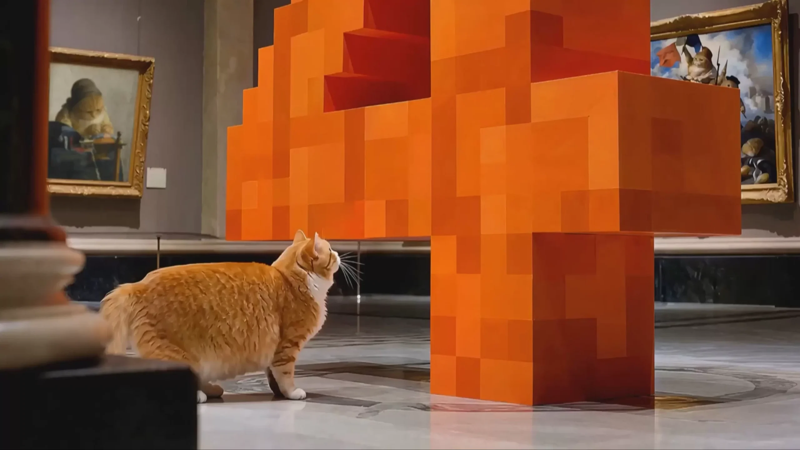 Een dikke oranje-witte kat staat naast een grote oranje pixelachtige sculptuur in een museumzaal.