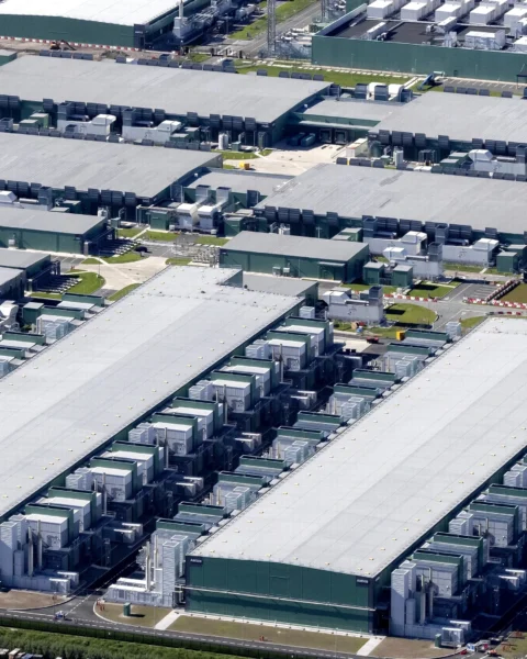 Luchtfoto van een groot datacentercomplex met meerdere serverhallen en technische installaties.
