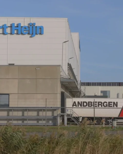 Albert Heijn-distributiecentrum met een vrachtwagen bij het gebouw.