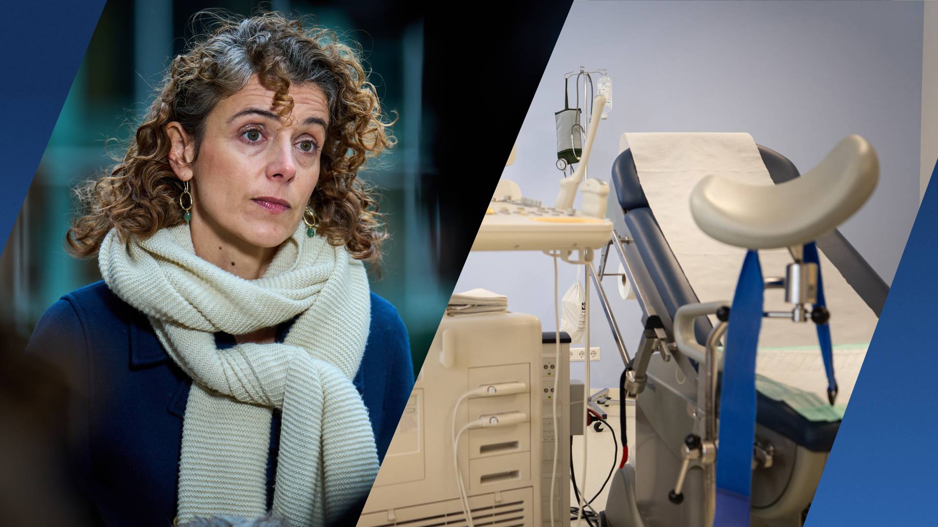 Links een portret van een vrouw met krullend haar en lichte sjaal; rechts een gynaecologische behandelstoel in een medische ruimte.