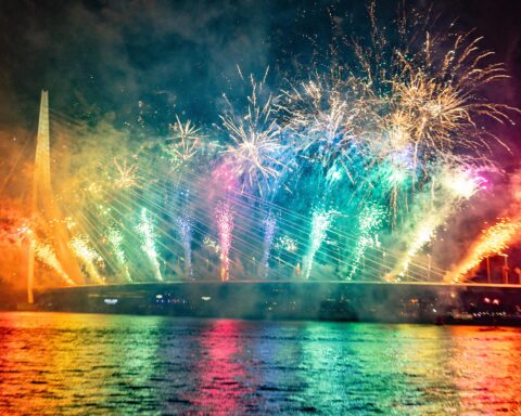 Vuurwerk bij de Erasmusbrug in Rotterdam tijdens de jaarwisseling.