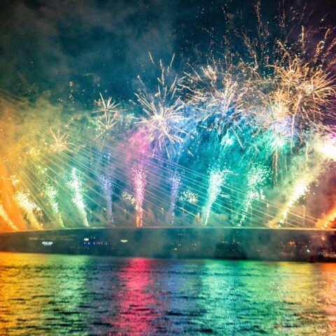 Vuurwerk bij de Erasmusbrug in Rotterdam tijdens de jaarwisseling.