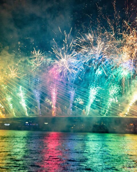 Vuurwerk bij de Erasmusbrug in Rotterdam tijdens de jaarwisseling.