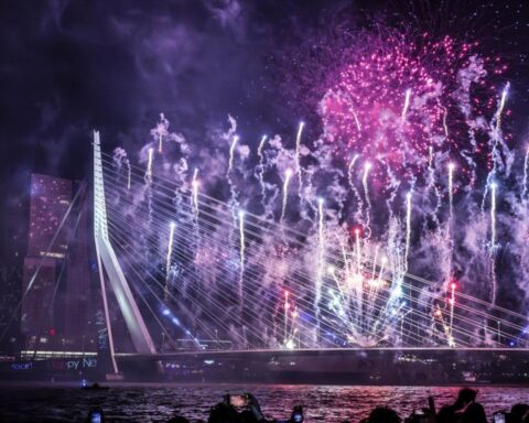 Vuurwerk boven de Erasmusbrug in Rotterdam bij nacht.