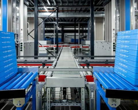 Blauwe Albert Heijn-bakken op een geautomatiseerde transportband in een distributiecentrum.
