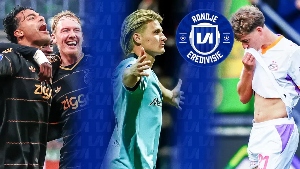 Collage van Eredivisie-voetballers met in het midden het logo van Rondje Eredivisie.
