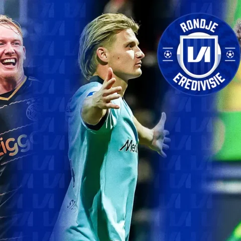 Collage van Eredivisie-voetballers met in het midden het logo van Rondje Eredivisie.