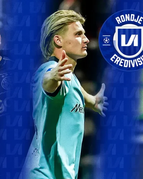 Collage van Eredivisie-voetballers met in het midden het logo van Rondje Eredivisie.