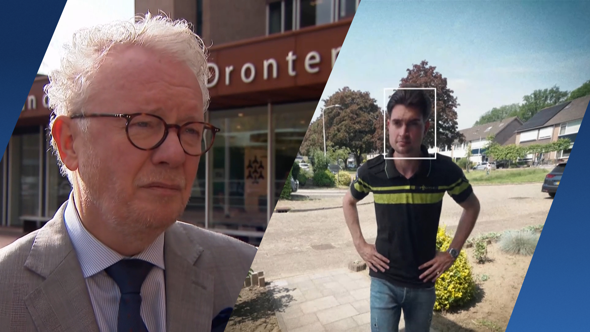 Burgemeester Jean Paul Gebben staat voor het gemeentegebouw van Dronten in een nieuwsbeeld over nepagenten.
