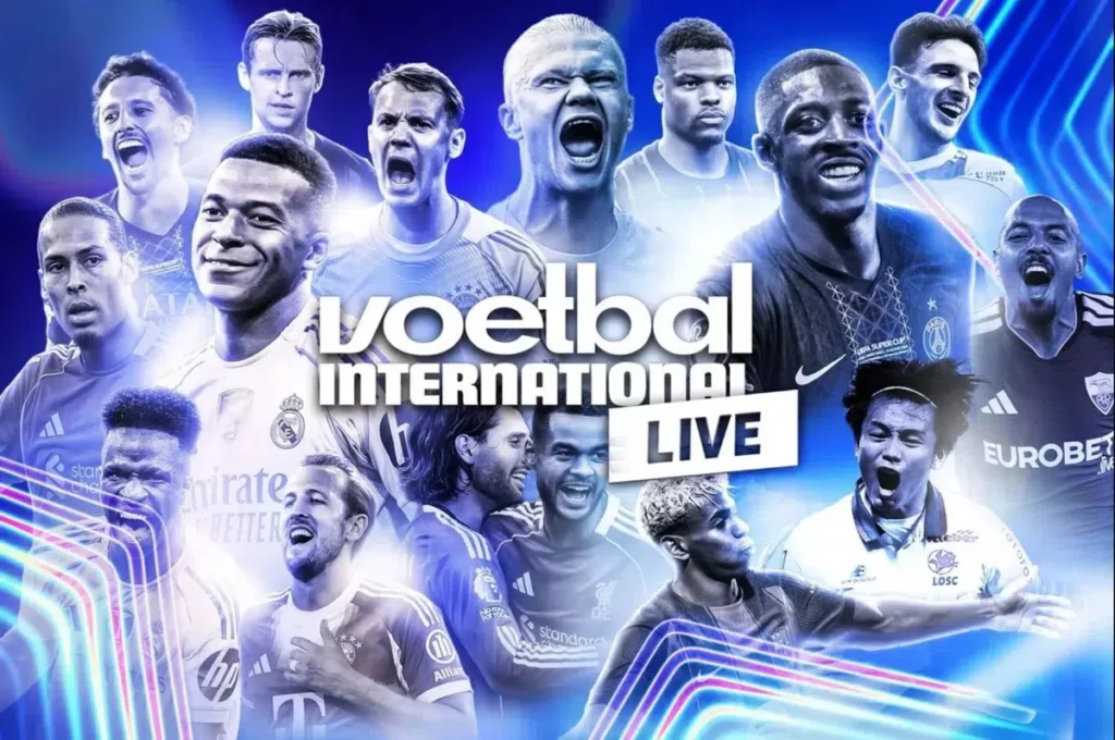 Promobeeld met meerdere voetballers en de tekst 'voetbal international LIVE'.