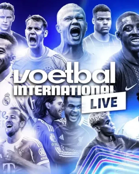 Promobeeld met meerdere voetballers en de tekst 'voetbal international LIVE'.